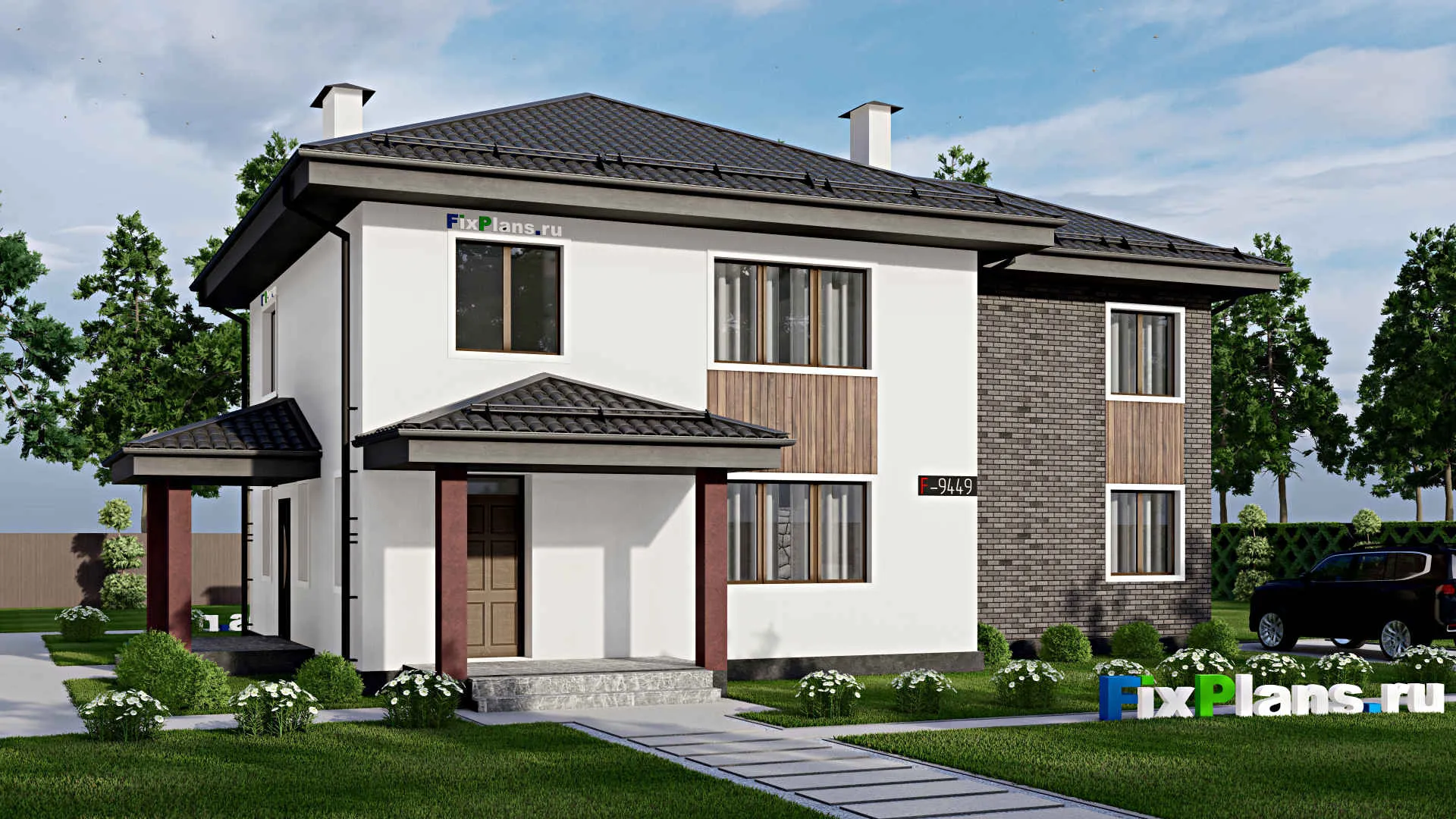 F-9449 - Проект двухэтажного дома 15 на 17, площадью 230 м² с террасой и 5 спальнями