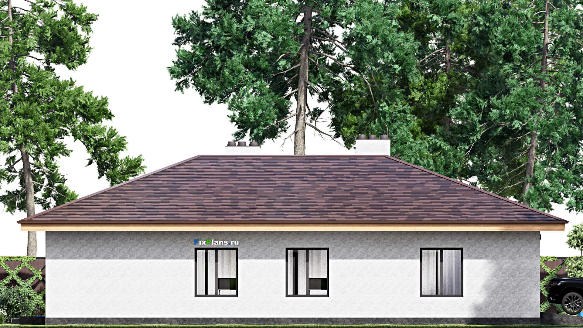 F-15902 - Проект одноэтажного дома 19 на 19, площадью 250 м² с террасой, гаражом на 1 машину и 3 спальнями