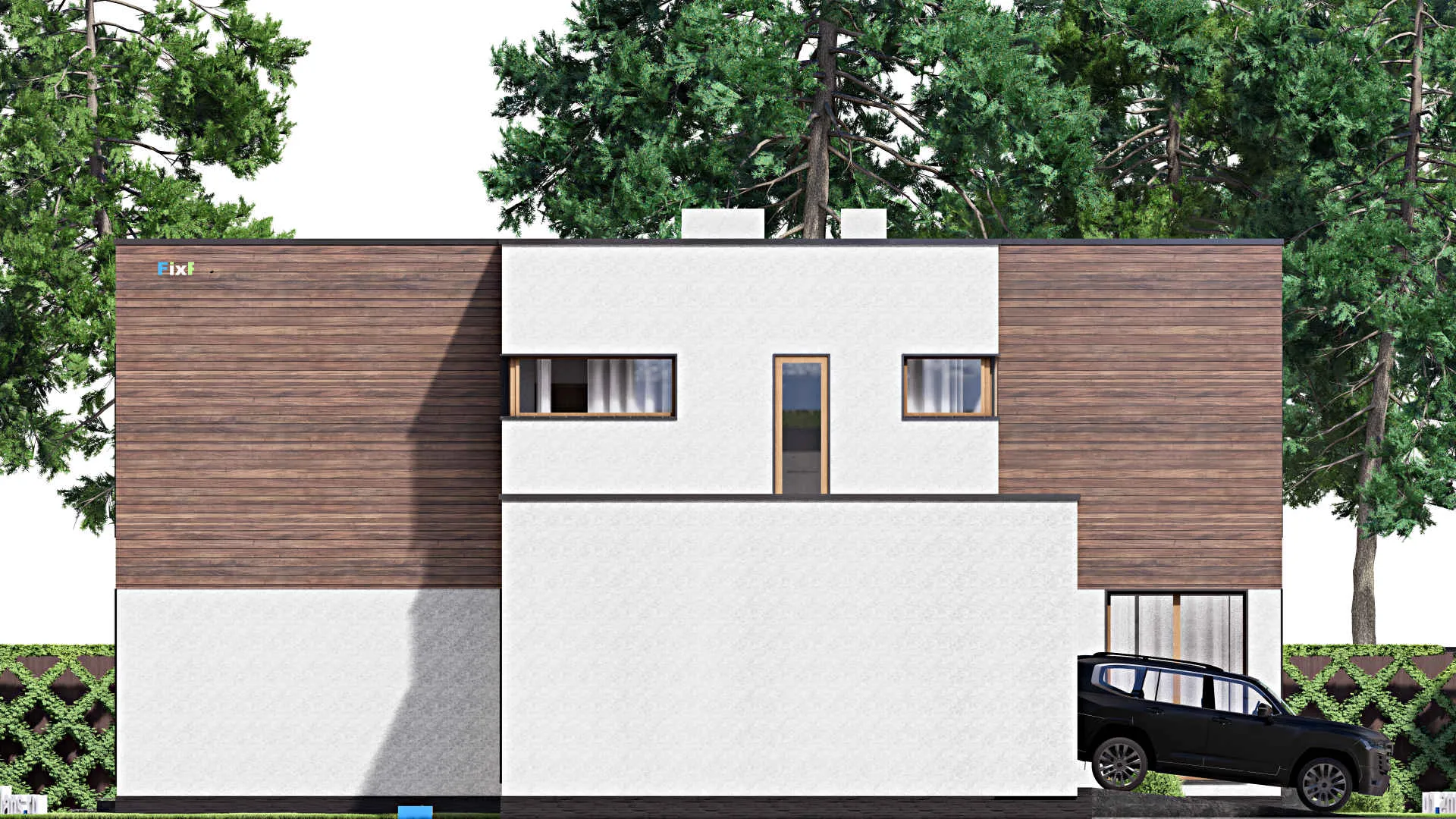 F-16019 - Проект двухэтажного дома 17 на 24, площадью 330 м² с террасой, гаражом на 2 машины и 4 спальнями