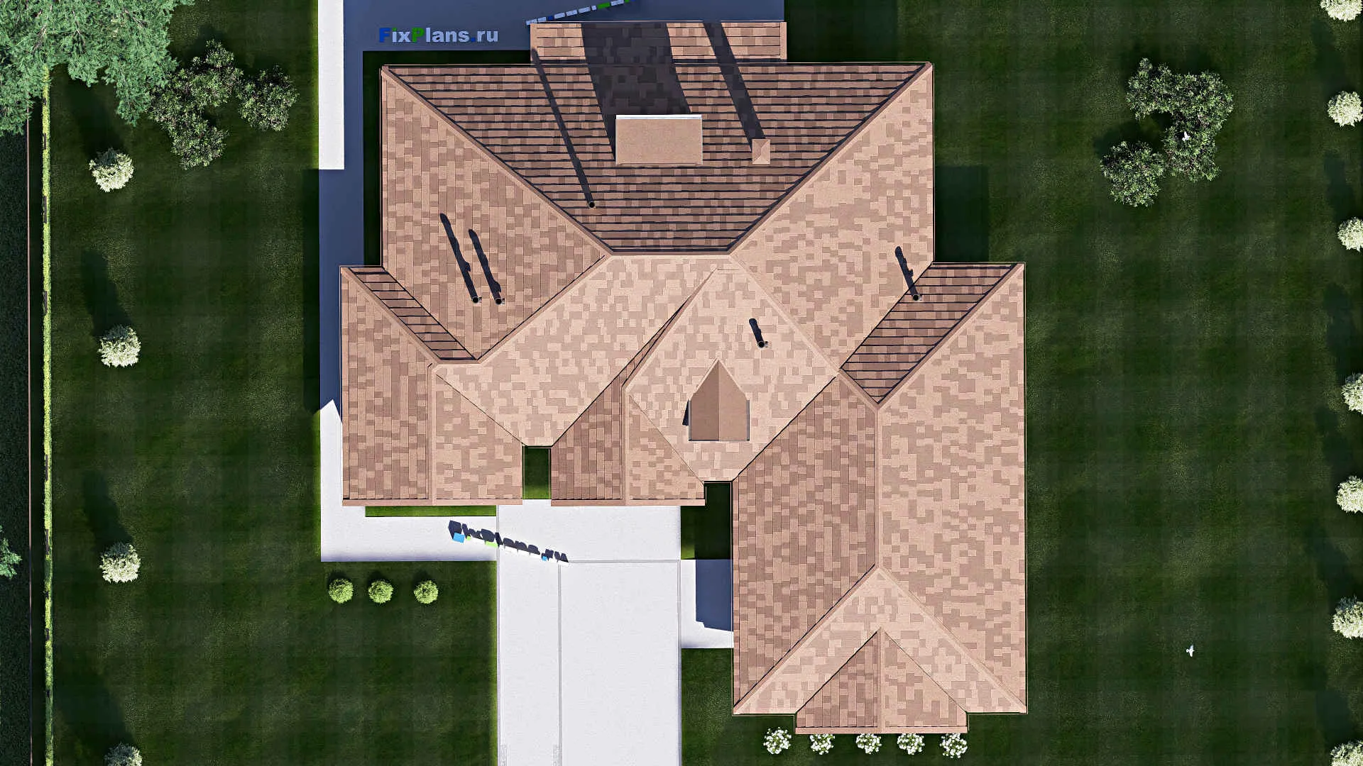 F-19808 - Планы дома с мансардой 22 на 23, площадью 330 м² с террасой, гаражом на 2 машины и 3 спальнями