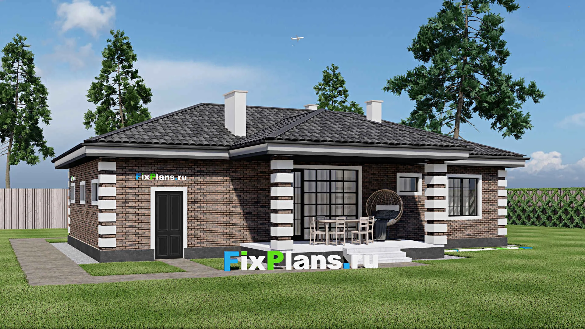 F-1169 - Проект одноэтажного дома 9 на 16, площадью 120 м² с террасой, гаражом на 1 машину и 2 спальнями